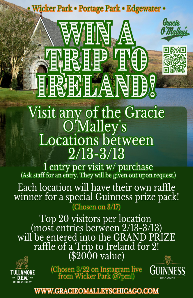 Win a Trip to Ireland | February 13 – March 13 | All Gracie O’Malley’s Locations