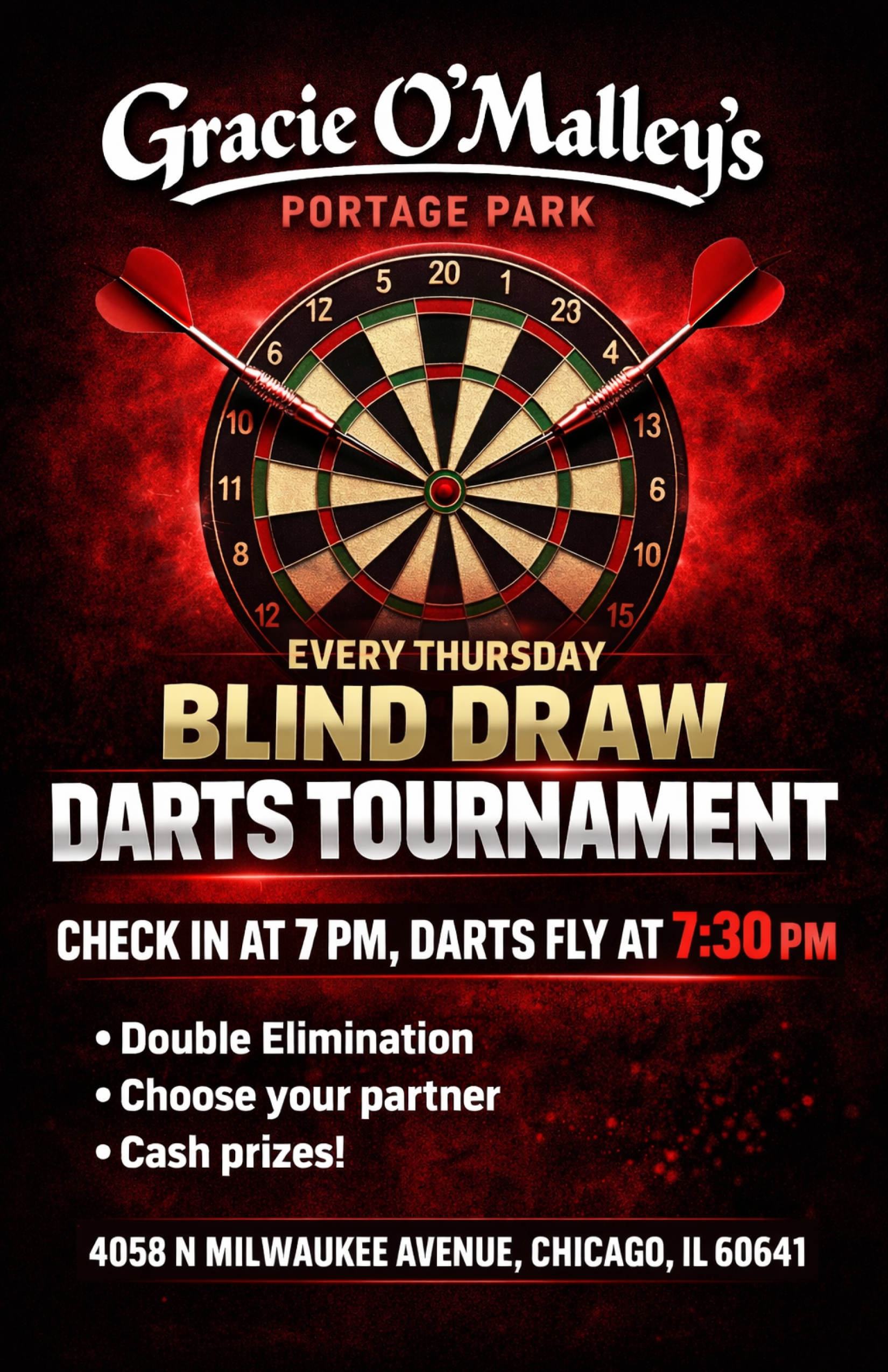 Blind Draw Darts Tournament Every Thursday at Gracie O’Malley’s Portage Park